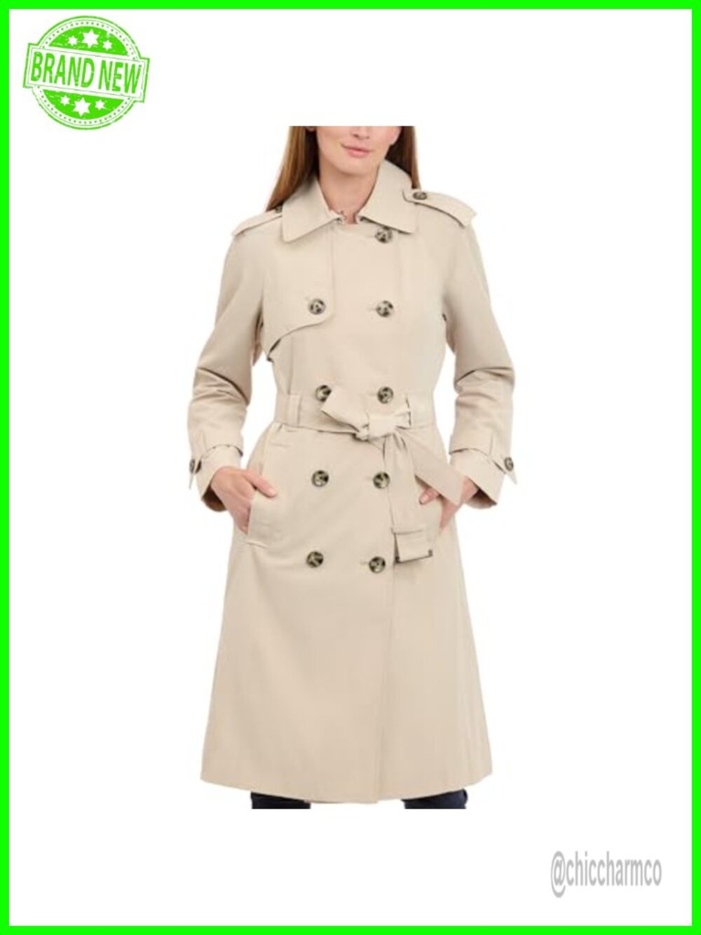 Double-Breasted Belted Trench Coat with Hood, Water Resistant